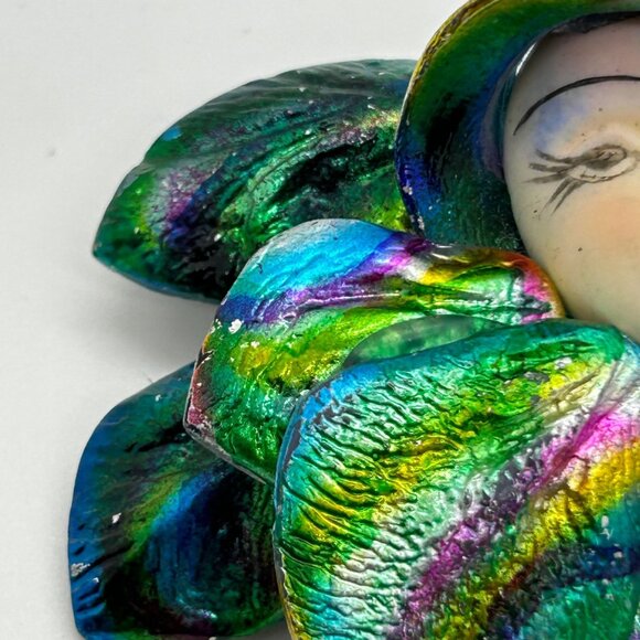 Vintage Art Deco Flapper Lady Brooch Pin Face Iridescent Rainbow 1980s Jewelry - Picture 3 of 12